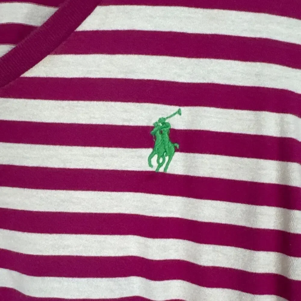 Ralph Lauren Sport Women's Striped V-Neck Top Pink White Size M Minimalist